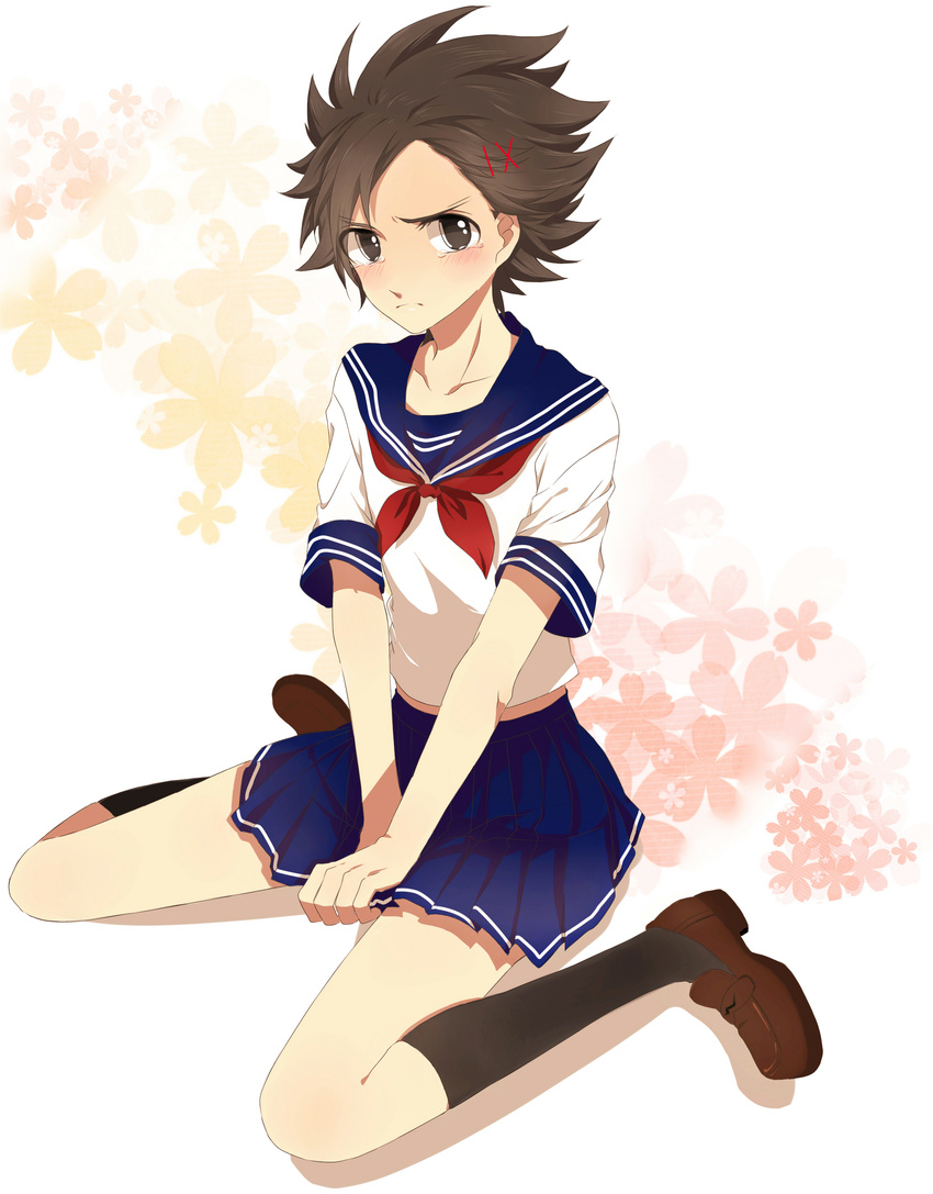 1boy absurdres aki_(645451622) blush brown_eyes brown_hair commentary_request crossdressing embarrassed frown hair_ornament highres inazuma_eleven_(series) inazuma_eleven_go inazuma_eleven_go_galaxy male_focus matatagi_hayato pleated_skirt school_uniform serafuku sitting skirt solo tears wariza white_background