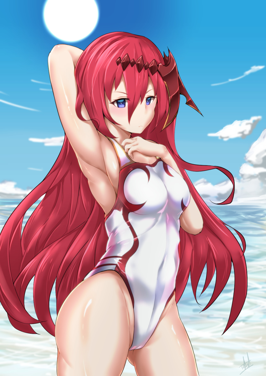 arm_up armpits blue_eyes blue_sky breasts cloud commentary_request competition_swimsuit covered_navel cowboy_shot day female godsworn_alexiel granblue_fantasy hair_between_eyes hair_ornament highres long_hair looking_at_viewer one-piece_swimsuit outdoors red_hair rumiya9i sky solo standing sun swimsuit very_long_hair white_one-piece_swimsuit