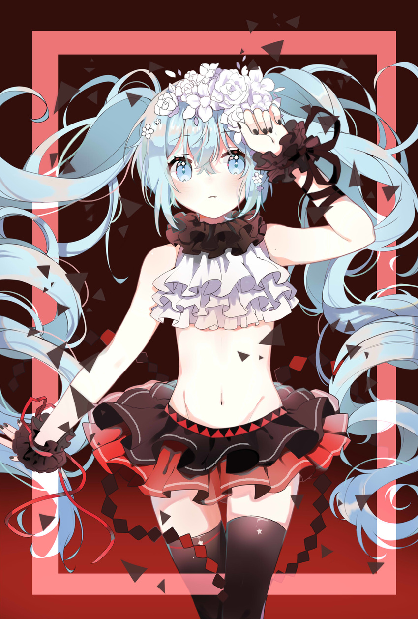 absurdres arm_up bad_id bad_pixiv_id black_thighhighs bless_you_(module) female flower hair_flower hair_ornament hatsune_miku highres kakami_(pixiv7616827) long_hair midriff nail_polish navel nisoku_hokou_(vocaloid) project_diva_(series) project_diva_f_2nd skirt solo thigh_gap thighhighs twintails very_long_hair vocaloid