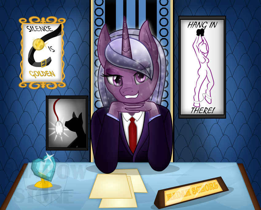 2017 anthro clothing crystal crystal_pony_(mlp) desk equestria_trainers_society equid equine fan_character female friendship_is_magic furniture hasbro hi_res horn mammal my_little_pony mythological_creature mythological_equine mythology schorl_tourmaline_(oc) solo sparkles story story_in_description table theshadowstone unicorn