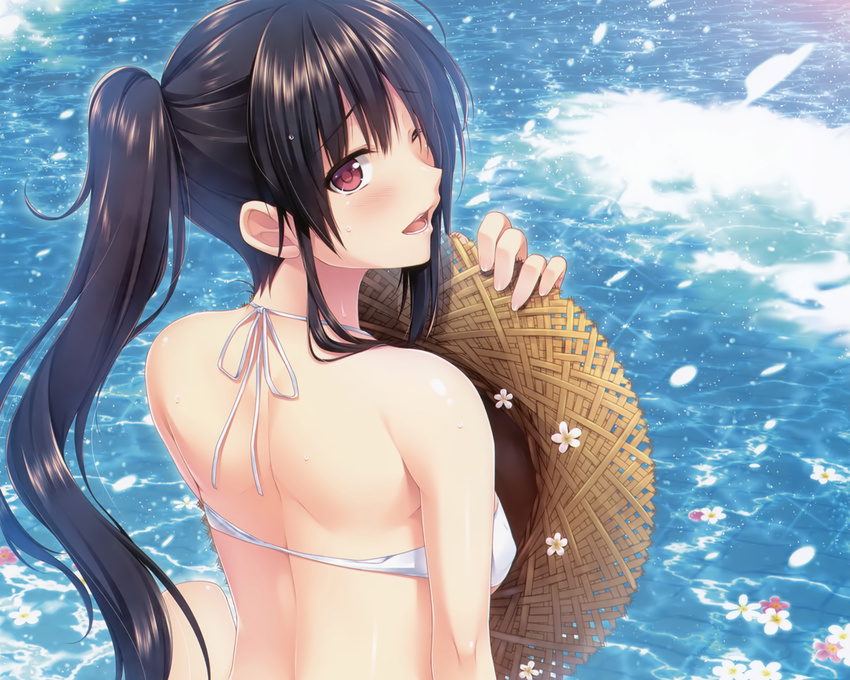 akabeisoft2 alpha bikini black_hair blush boku_no_hitori_sensou close cropped hat inuzuka_rumi long_hair petals ponytail red_eyes scan swimsuit water