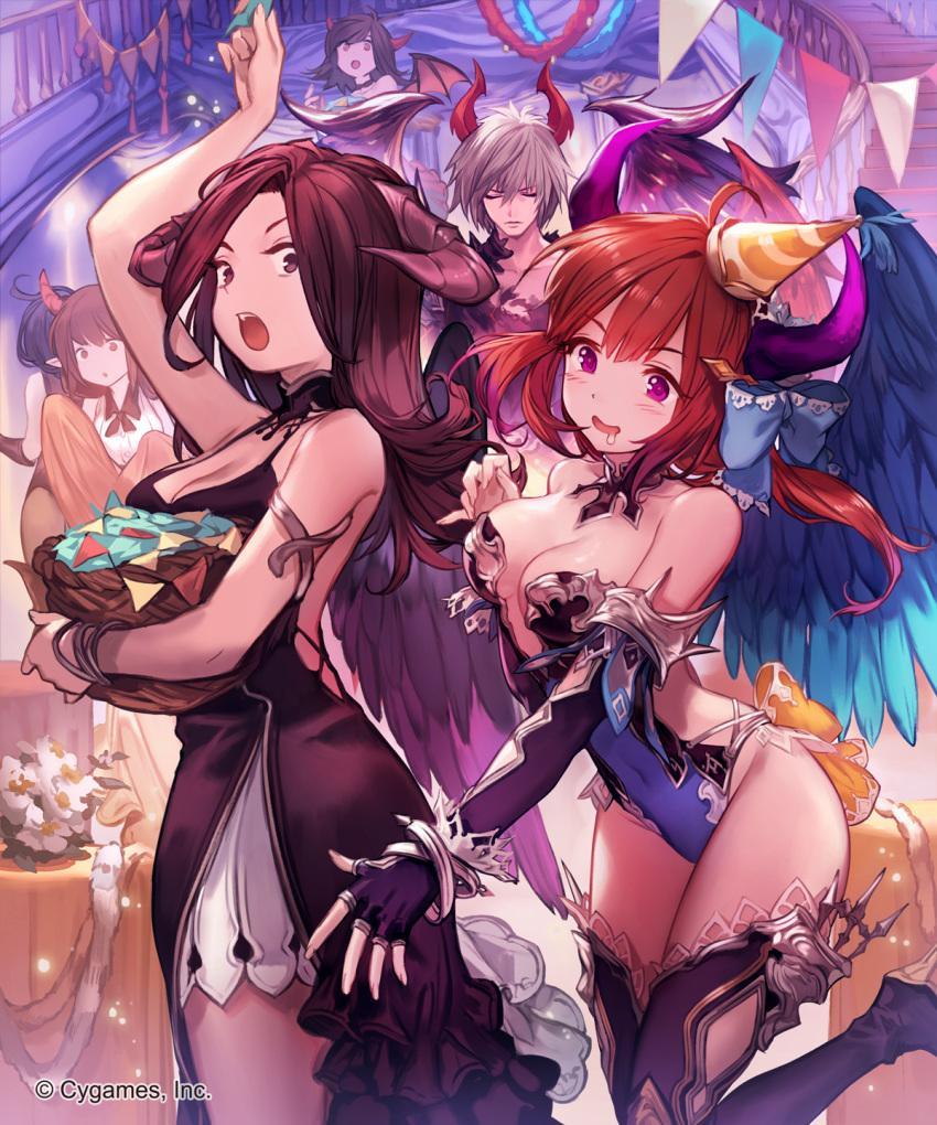 1boy 2girls blush bow breasts brown_eyes brown_hair cake character_request cleavage commentary_request covered_navel demon_girl dress elbow_gloves feathered_wings fingerless_gloves food fruit gloves hairbow hand_up hat high_heels highres horn_bell horn_ornament horns large_breasts lee_hyeseung leotard lucifer_(shingeki_no_bahamut) multiple_girls official_art open_mouth party party_hat purple_eyes shingeki_no_bahamut smile strawberry string_of_flags thighhighs watermark wide-eyed wings