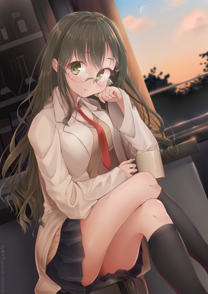 artist_name black_socks book breasts cabinet cloud coffee_mug commentary_request crossed_legs cup dutch_angle female fence flask futaba_rio glasses head_on_hand higashikata_kou highres jar lab_coat long_hair moon mug necktie pixiv_id pleated_skirt school_uniform seishun_buta_yarou sitting skirt socks solo sunset sweater test_tube tree window yellow_eyes