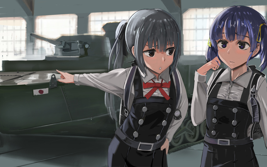 2girls absurdres belt brown_eyes buttons closed_mouth commentary_request cowboy_shot dress grey_hair hair_ornament hand_on_own_hip highres japanese_flag kantai_collection kasumi_(kancolle) long_hair long_sleeves military military_vehicle motor_vehicle multiple_girls ooshio_(kancolle) outstretched_arm photoshop_(medium) pinafore_dress pointing ponytail purple_eyes purple_hair red_ribbon remodel_(kantai_collection) ribbon shirt short_hair short_twintails sleeveless sleeveless_dress special_type_2_launch_ka-mi ssamjang_(misosan) tank twintails wavy_mouth white_shirt