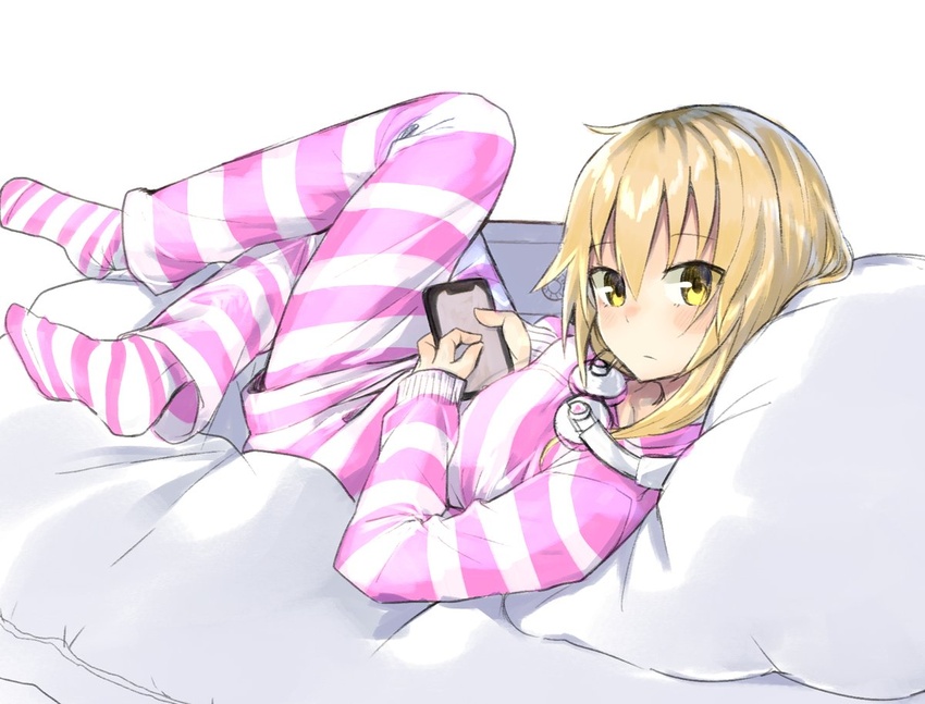 bad_id bad_pixiv_id bed_sheet blonde_hair blush cellphone closed_mouth collarbone commentary_request female hair_between_eyes headphones headphones_around_neck holding holding_phone ienaga_mugi ienaga_mugi_(1st_costume) long_hair long_sleeves looking_at_viewer looking_to_the_side lying moti_yousei nijisanji no_shoes on_back pants phone pillow shirt simple_background sleeves_past_wrists smartphone socks solo striped_clothes striped_pants striped_shirt striped_socks virtual_youtuber white_background yellow_eyes