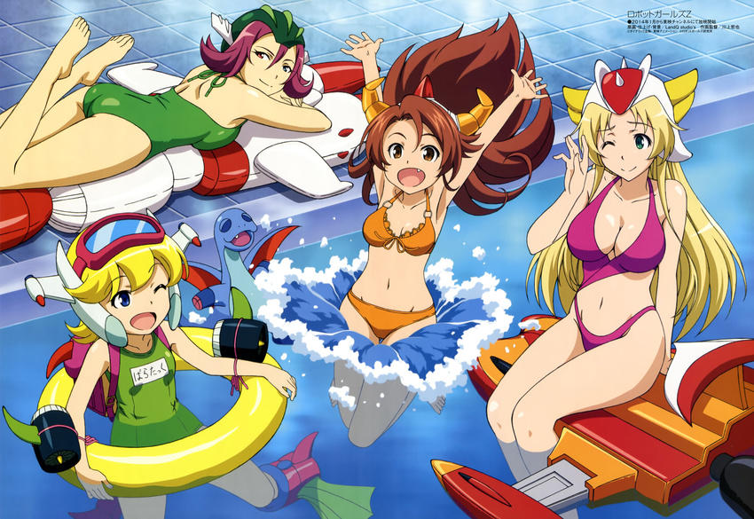 4girls :d ;d \o/ absurdres alternate_color_school_swimsuit armpits arms_up ass asymmetrical_clothes bara-tan bare_shoulders barefoot bikini blonde_hair blue_eyes breasts brown_eyes brown_hair casual_one-piece_swimsuit cleavage crossed_arms flippers front-tie_bikini_top front-tie_top gai-chan goggles goggles_on_head green_eyes green_one-piece_swimsuit grenda-san head_wings helmet heterochromia highres horns inflatable_toy innertube jeeg-san kawakami_tetsuya large_breasts long_hair long_legs lying megami_magazine multiple_girls navel oerba_yun_fang official_art on_stomach one-piece_swimsuit one_eye_closed open_mouth orange_bikini outstretched_arms partially_submerged pool poolside purple_hair red_eyes robot_girls_z scan school_swimsuit smile splashing swim_ring swimsuit thrusters water wings