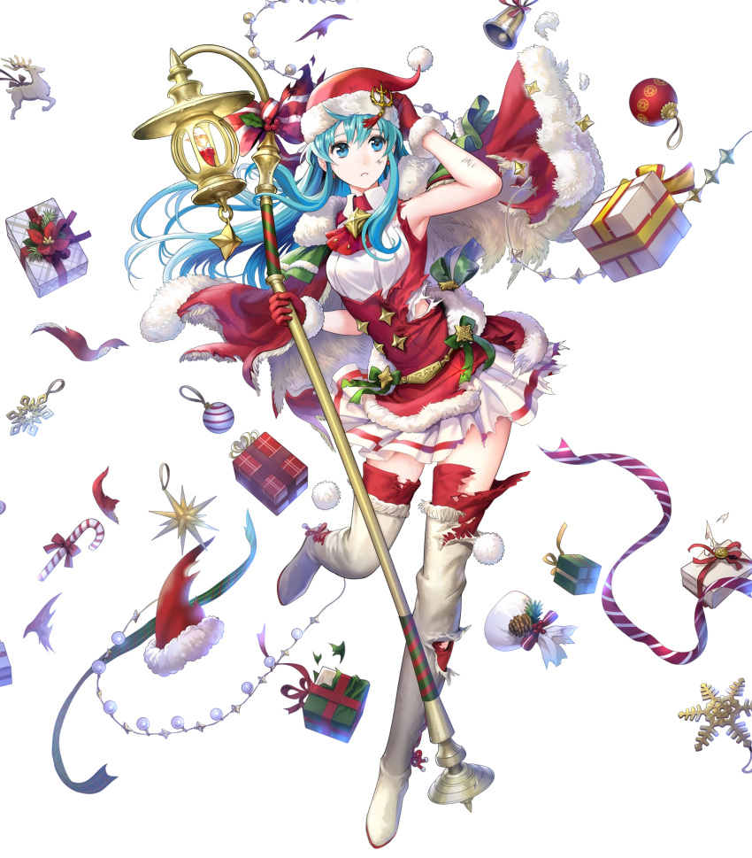 alternate_costume asatani_tomoyo bell blue_eyes blue_hair boots box breasts candle candy candy_cane cape christmas christmas_ornaments earrings eirika_(fire_emblem) eirika_(winter)_(fire_emblem) female fire_emblem fire_emblem:_the_sacred_stones fire_emblem_heroes food full_body fur_trim gift gift_box gloves hand_up hat highres holding jewelry leg_up long_hair looking_away medium_breasts official_art parted_lips pleated_skirt pom_pom_(clothes) red_gloves red_thighhighs ribbon santa_hat sidelocks skirt sleeveless solo staff thigh_boots thighhighs torn_clothes torn_skirt transparent_background white_footwear zettai_ryouiki