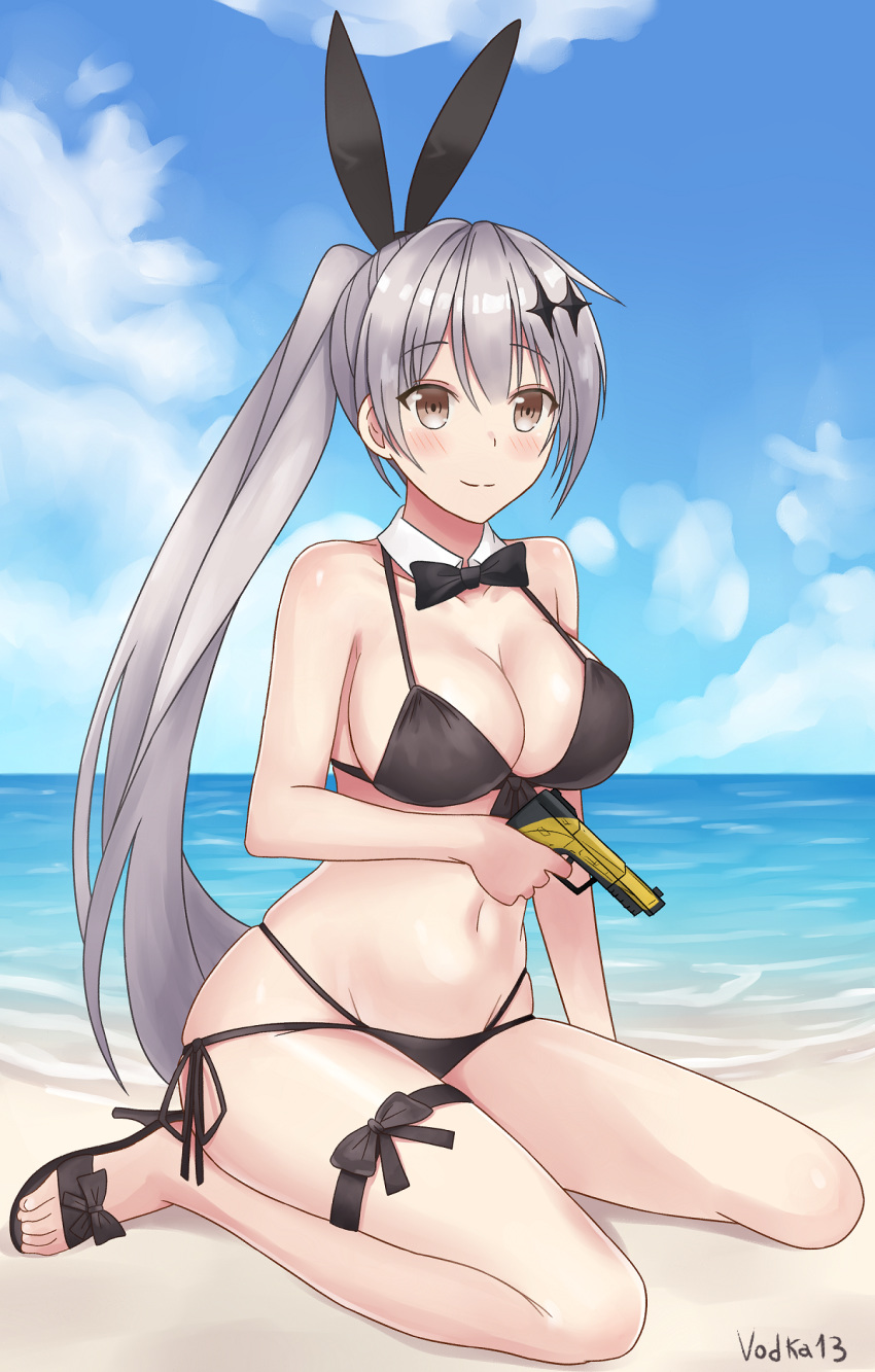 artist_name banana beach bikini blush bow bowtie breasts brown_eyes cleavage commentary counter-strike_(series) counter-strike_2 day english_commentary eyebrows female finger_on_trigger five-seven_(cruise_queen)_(girls'_frontline) five-seven_(girls'_frontline) fn_five-seven fn_herstal food fruit girls'_frontline gun gun_decal hair_between_eyes hair_ornament halterneck handgun high_heels highres holding holding_gun holding_weapon kneeling large_breasts long_hair looking_at_viewer navel official_alternate_costume outdoors ponytail sandals side-tie_bikini_bottom smile string_bikini swimsuit thigh_strap vodka13 weapon