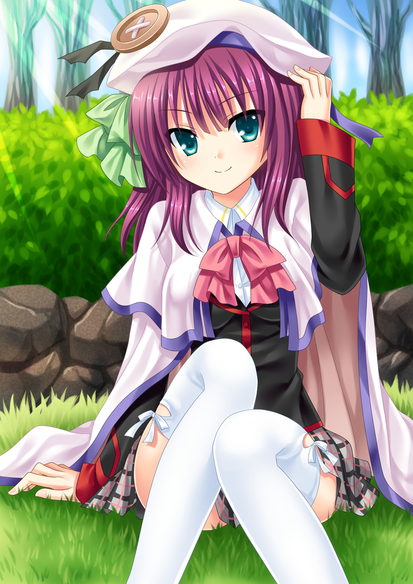 angel_beats! arm_at_side black_jacket bow breasts bush cape commentary_request company_connection cosplay day female grass green_bow green_eyes grey_skirt hairbow hand_on_headwear hand_up hat highres jacket key_(company) knees_together_feet_apart knees_up light_rays little_busters! little_busters!_school_uniform long_hair long_sleeves medium_breasts miniskirt nakamura_yuri noumi_kudryavka noumi_kudryavka_(cosplay) on_grass outdoors plaid plaid_skirt pleated_skirt purple_hair school_uniform sitting skirt smile solo soraeda stone sunbeam sunlight thighhighs tree white_cape white_thighhighs zettai_ryouiki