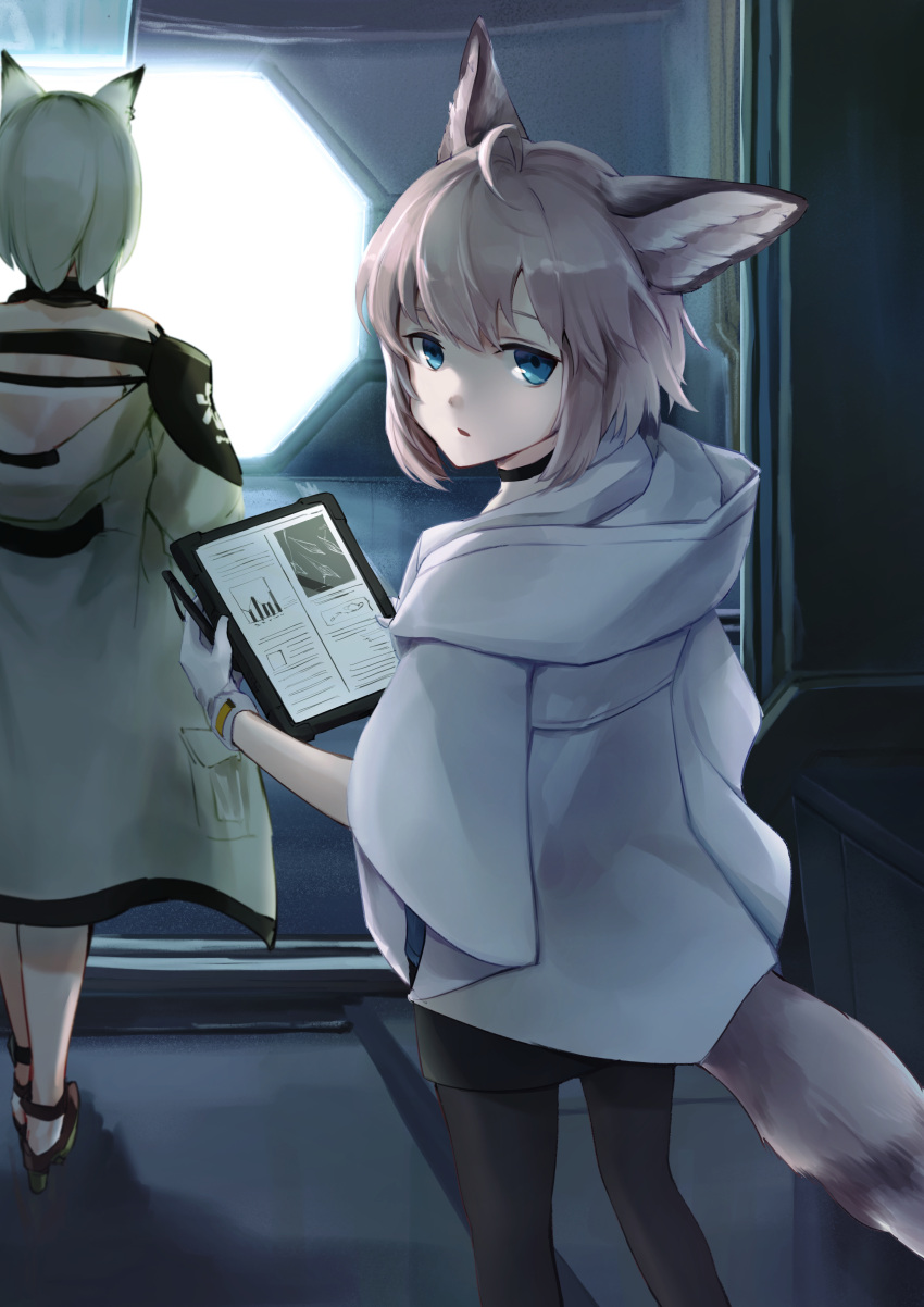 2girls absurdres ahoge animal_ear_fluff animal_ears arknights bare_shoulders black_choker black_footwear black_legwear black_skirt blue_eyes brown_hair choker commentary_request e-bushi eyebrows_hidden_by_hair facing_away fox_ears fox_girl fox_tail green_jacket high_heels highres holding hood hood_down hooded_jacket jacket kal'tsit_(arknights) looking_at_viewer looking_back multiple_girls off_shoulder pantyhose parted_lips shoes skirt solo_focus sussurro_(arknights) tail white_jacket