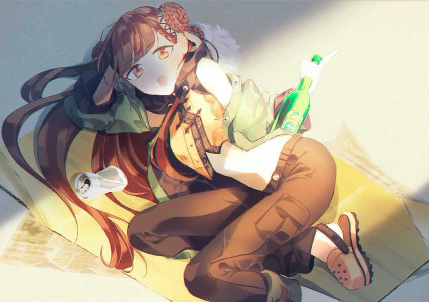 3shine_02 black_survival bottle braid braided_bun brown_hair brown_pants can chinese_clothes commentary_request crocs double_bun eternal_return:_black_survival female flat_chest foot_out_of_frame green_jacket hair_bun highres jacket li_dailin long_hair looking_at_viewer lying midriff navel official_alternate_costume on_side open_mouth pants pink_footwear soju solo sunlight teeth upper_teeth_only yellow_eyes