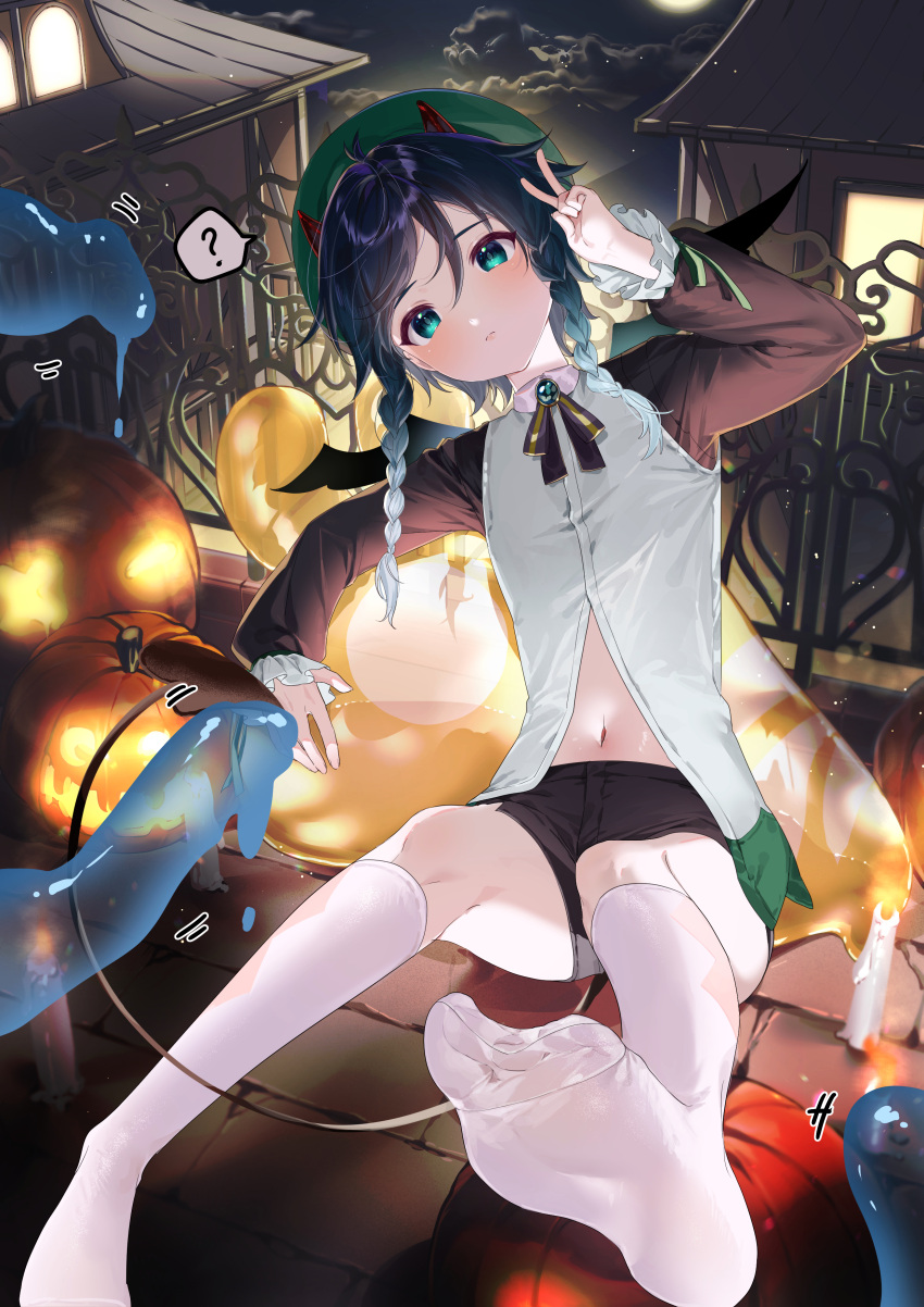 1boy ? absurdres ahoge black_pants black_shorts blue_hair braid confused demon_boy demon_horns demon_tail demon_wings genshin_impact green_eyes green_headwear halloween_costume hat highres horns jack-o'-lantern kkopoli laevatein_(tail) long_sleeves male_focus midriff multicolored_hair navel otoko_no_ko pants pumpkin red_horns shorts socks stomach tail tentacle tentacles_on_male twin_braids v venti_(genshin_impact) venti_(halloween)_(genshin_impact) white_socks wings