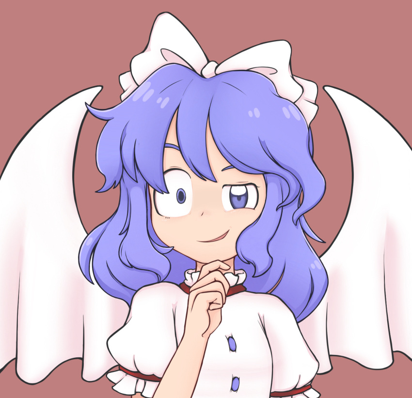 blue_eyes blue_hair bow breasts brown_background buttons closed_mouth commentary crazy_eyes crazy_smile demon_wings dress female frilled_sleeves frills gesugao hairbow hand_on_own_chin highres keb00b light_blue_hair looking_at_viewer mai_(touhou) medium_hair puffy_short_sleeves puffy_sleeves short_sleeves simple_background small_breasts smile solo touhou touhou_(pc-98) uneven_eyes upper_body white_bow white_dress white_wings wings