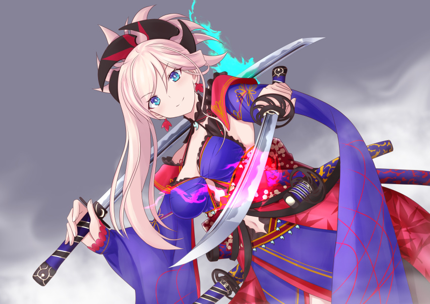 absurdres blue_eyes blush commentary earrings fate/grand_order fate_(series) female hair_ornament highres holding holding_sword holding_weapon japanese_clothes jewelry katana kimono kimono_skirt layered_clothes layered_kimono miyamoto_musashi_(fate) miyamoto_musashi_(third_ascension)_(fate) obi pink_hair pipin_try sash short_kimono simple_background smile solo sword weapon wide_sleeves