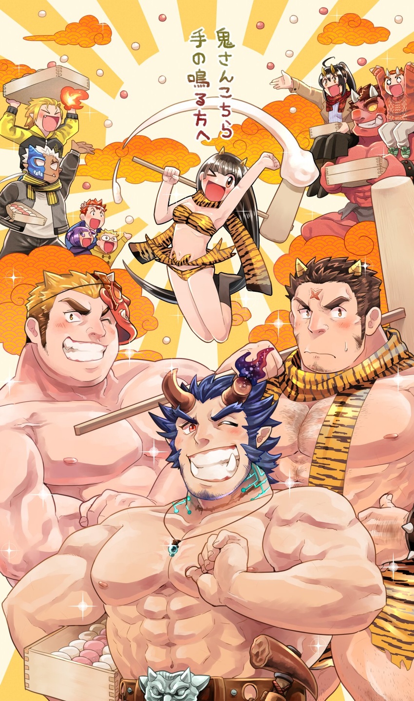 >:) 3girls 6+boys abs animal_print annotated arm_hair bara black_hair blonde_hair blue_hair blush bra breasts broken_horn brown_hair bulge chest_hair chibi colored_sclera colored_skin cosplay cross_scar dark-skinned_male dark_blue_hair dark_skin demon_boy demon_horns facial_hair fiery_horns flying_nimbus goatee group_picture hairy half_mask highres horned_mask horns houzouin_oniwaka houzouin_oniwaka_(cosplay) ibaraki_(housamo) jewelry jumping kagutsuchi_(housamo) kine large_pectorals lolicon long_hair long_sideburns male_focus mallet mask mature_male medium_breasts multiple_boys multiple_girls muscular muscular_male navel necklace nipples oni oni_horns oni_mask panties pectorals pointing pointing_at_self print_bra print_panties protagonist_2_(housamo) red_oni red_oni_(housamo) red_skin scar scar_on_face scar_on_forehead scarf short_hair shuten_douji_(housamo) sideburns smile sparkle stomach stubble sumi_wo_hakuneko suzuka_(housamo) takemaru_(housamo) thick_eyebrows tiger_print tohno_motosumi tokyo_afterschool_summoners topless_male translation_request tusks underwear unworn_mask upper_body v-shaped_eyebrows veins white_hair whorled_clouds yellow_scarf yellow_sclera