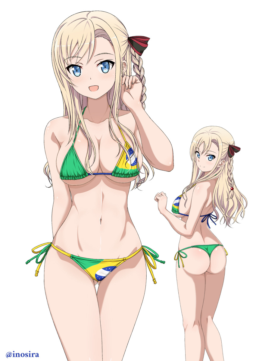 absurdres arm_behind_back ass ass_visible_through_thighs asymmetrical_bangs back beads bikini blonde_hair blue_eyes braid brazilian_flag_bikini breasts cleavage closed_mouth commentary_request commission female hair_beads hair_ornament hair_ribbon halterneck hand_in_own_hair high_school_fleet highres inoshira large_breasts looking_at_viewer looking_back multiple_views navel open_mouth pixiv_commission red_ribbon ribbon side-tie_bikini_bottom side_braid simple_background smile standing string_bikini swimsuit thigh_gap thong thong_bikini twitter_username white_background wilhelmina_braunschweig_ingenohl_friedeburg