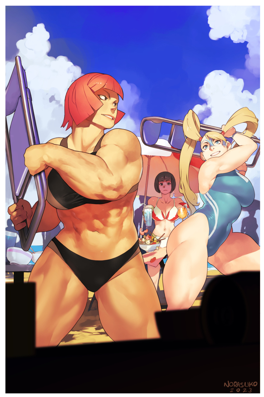 3girls abs artist_name bad_id bad_twitter_id beach beach_umbrella biceps bikini black_bikini black_hair blonde_hair bowl breasts chair cleavage commentary competition_swimsuit dated english_commentary folding_chair highleg highleg_swimsuit highres large_breasts marisa_(street_fighter) mask multiple_girls muscular muscular_female norasuko one-piece_swimsuit rainbow_mika red_hair smile street_fighter street_fighter_6 street_fighter_iii_(series) street_fighter_v swimsuit table thigh_gap twintails umbrella yamato_nadeshiko_(street_fighter)