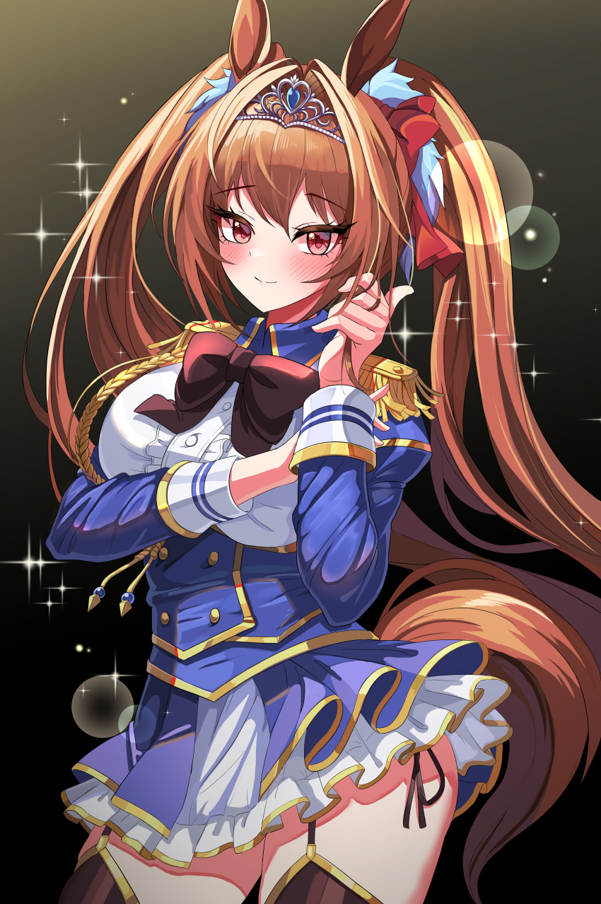 absurdres animal_ears black_background black_bow black_bowtie blue_dress blush bow bowtie breasts brown_hair daiwa_scarlet_(umamusume) dress epaulettes female hair_intakes hair_ornament hairbow hand_up highres horse_ears horse_girl horse_tail large_breasts long_hair long_sleeves looking_at_viewer red_bow red_eyes smile solo sparkle sylph_kim tail thighhighs tiara twintails umamusume very_long_hair