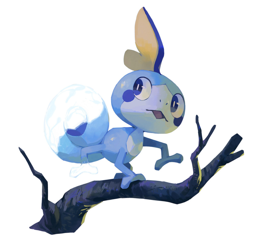 2019 amphibian blue_body blue_eyes bluekomadori feral generation_8_pokemon looking_aside nintendo open_mouth plant pokemon pokemon_(species) purple_tongue simple_background sobble solo tongue tree white_background yellow_body