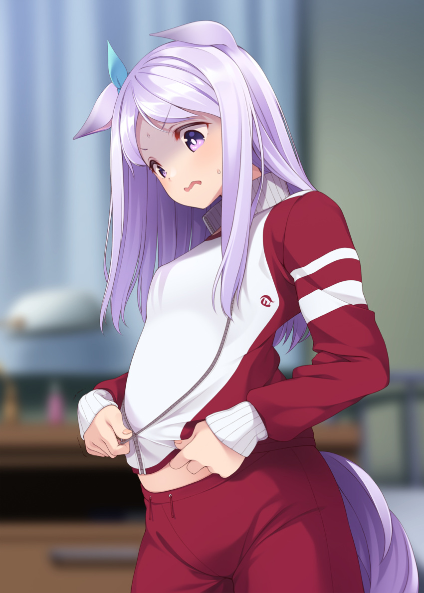 animal_ears aqua_ribbon blush cowboy_shot ear_ribbon ears_down female gym_shirt highres horse_ears horse_girl horse_tail jersey long_hair mejiro_mcqueen_(umamusume) mofu_namako open_mouth pants purple_eyes purple_hair red_pants red_track_suit ribbon shirt solo tail track_pants umamusume weight_conscious white_shirt