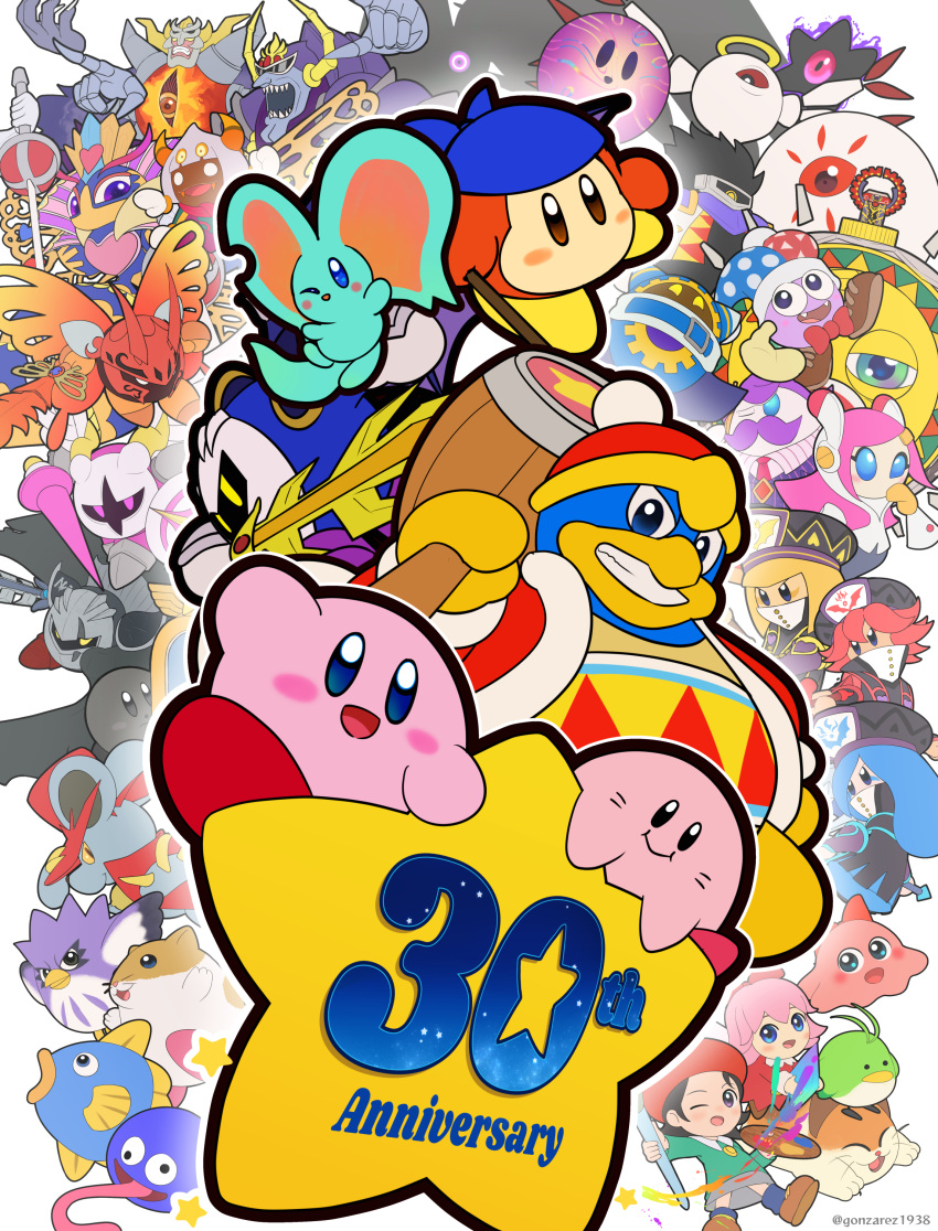 :> ;d absolutely_everyone absurdres adeleine anniversary bandana bandana_waddle_dee blue_bandana chuchu_(kirby) coo_(kirby) dark_matter_(kirby) dark_matter_blade dark_meta_knight dark_mind dark_nebula daroach dual_persona elfilin everyone facial_mark fecto_elfilis flamberge_(kirby) francisca_(kirby) galacta_knight galactic_nova galaxia_(sword) gonzarez gooey_(kirby) grin hammer highres kine_(kirby) king_dedede kirby kirby's_adventure kirby's_dream_land kirby's_dream_land_2 kirby's_dream_land_3 kirby's_return_to_dream_land kirby:_planet_robobot kirby:_star_allies kirby:_triple_deluxe kirby_(series) kirby_64 kirby_and_the_amazing_mirror kirby_and_the_forgotten_land kirby_squeak_squad kirby_super_star lance long_tongue looking_at_viewer magolor marx_(kirby) max_profitt_haltmann meta_knight morpho_knight nago_(kirby) nightmare_(kirby) one_eye_closed pitch_(kirby) pointing polearm queen_sectonia rayman_limbs ribbon_(kirby) rick_(kirby) shadow_kirby simple_background smile star_(symbol) star_dream susie_(kirby) sword taranza tongue twitter_username void_termina warp_star weapon whisker_markings white_background zan_partizanne zero_(kirby) zero_two_(kirby)