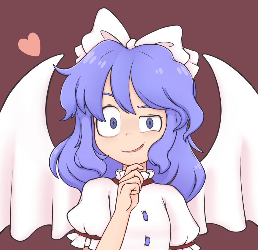 blue_eyes blue_hair bow breasts brown_background buttons closed_mouth commentary crazy_eyes crazy_smile demon_wings dress female frilled_sleeves frills gesugao hairbow hand_on_own_chin heart highres keb00b light_blue_hair looking_at_viewer mai_(touhou) medium_hair puffy_short_sleeves puffy_sleeves short_sleeves simple_background small_breasts smile solo touhou touhou_(pc-98) uneven_eyes upper_body white_bow white_dress white_wings wings