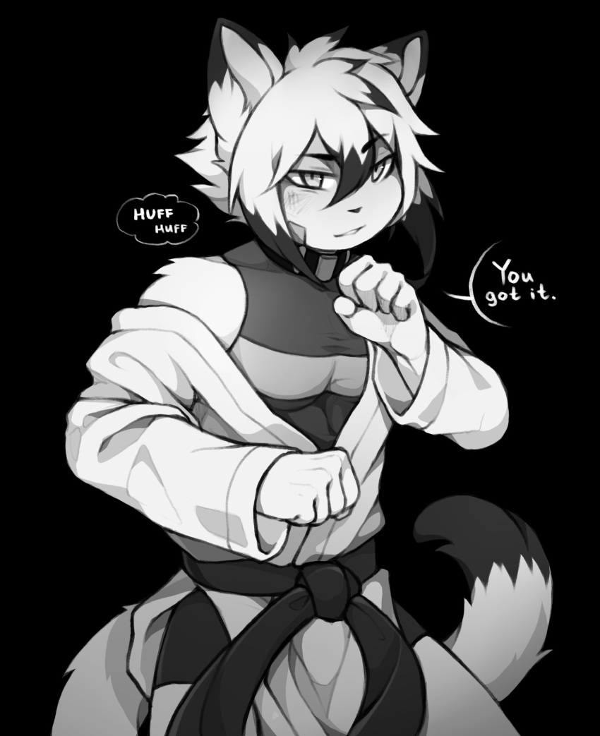 5_fingers anthro clothed clothing coff dipstick_ears dipstick_tail domestic_cat ear_markings english_text ereki_kagami eyebrows felid feline felis fingers hair hi_res male mammal markings monochrome multicolored_ears solo tail tail_markings text