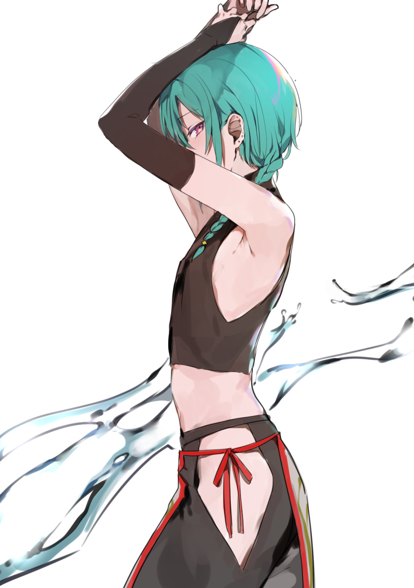 1other androgynous armpits arms_on_head bare_hips braid commentary_request crop_top from_side green_hair highres konbu_wakame midriff nijisanji other_focus profile purple_eyes ryuushen short_hair simple_background virtual_youtuber white_background