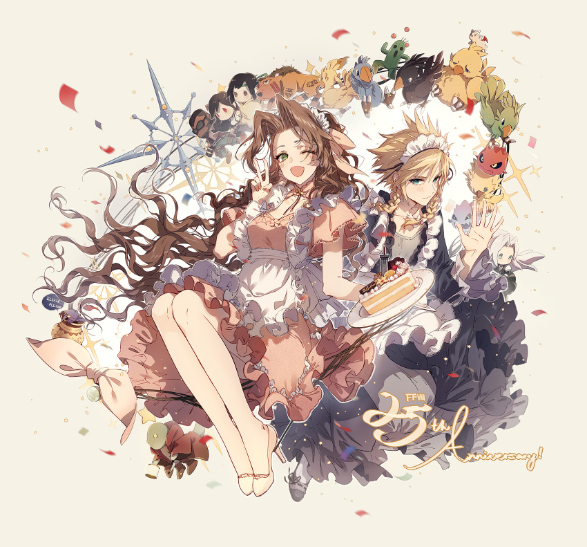 1boy aerith_gainsborough aerith_gainsborough_(basic_pink_dress) apron barret_wallace blonde_hair blue_eyes blush bomb_(final_fantasy) bow braid breasts brown_hair buster_sword cake chibi chocobo cloud_strife confetti crossdressing dress fat_chocobo female final_fantasy final_fantasy_vii final_fantasy_vii_remake flower food full_body green_eyes grey_dress hair_between_eyes hair_ribbon hairbow high_heels highres holding holding_plate kieta long_hair maid maid_apron maid_headdress materia medium_breasts medium_dress medium_hair meringue moogle oerba_yun_fang one_eye_closed open_mouth outstretched_hand parted_bangs pink_dress plate red_xiii ribbon sabotender sephiroth sidelocks sitting smile sparkle speech_bubble spiked_hair stuffed_toy tifa_lockhart tonberry twin_braids v wavy_hair yellow_flower yuffie_kisaragi