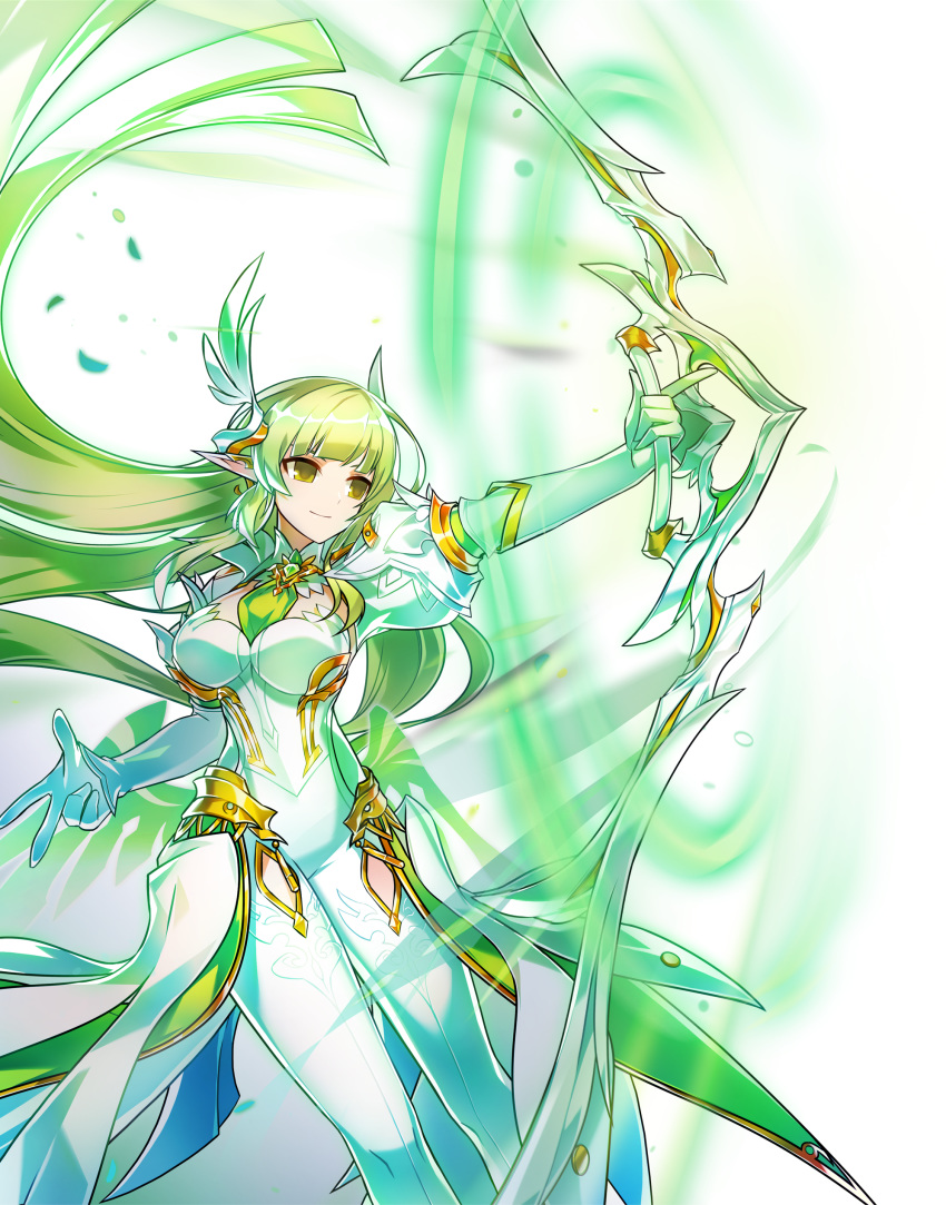 absurdres bodysuit bow_(weapon) breasts cleavage daybreaker_(elsword) elbow_gloves elf elsword female floating_hair gloves green_eyes green_hair green_neckwear green_wings highres holding holding_bow_(weapon) holding_weapon large_breasts long_hair official_art pointy_ears rena_erindel skin_tight solo thigh_gap transparent_background very_long_hair weapon white_bodysuit white_gloves wind winged_hair_ornament wings