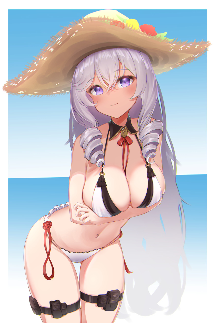 absurdres algerie_(azur_lane) algerie_(white_sand_paradise)_(azur_lane) azur_lane bad_id bad_pixiv_id bikini border breasts cleavage commentary_request drill_hair female grey_hair hat highres hiruno_ushiro large_breasts long_hair mole mole_under_eye ocean official_alternate_costume purple_eyes side_drill solo straw_hat swimsuit twin_drills white_bikini white_border