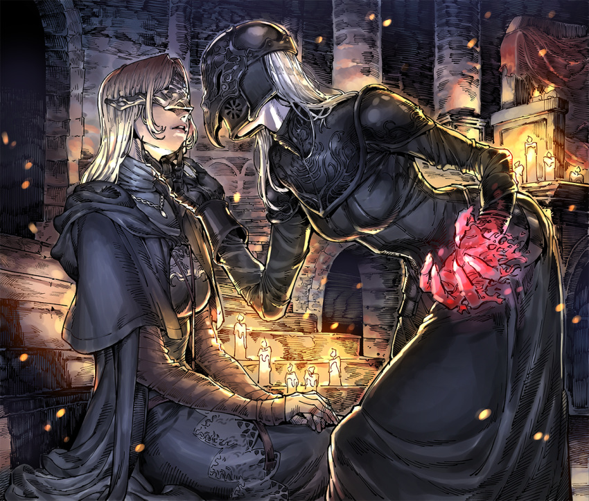 2girls armor armored_dress bad_id bad_twitter_id black_armor blonde_hair candle covered_eyes dark_souls_(series) dark_souls_iii eye_mask fire_keeper gado long_hair multiple_girls parted_lips teeth upper_teeth_only white_hair yuri yuria_of_londor