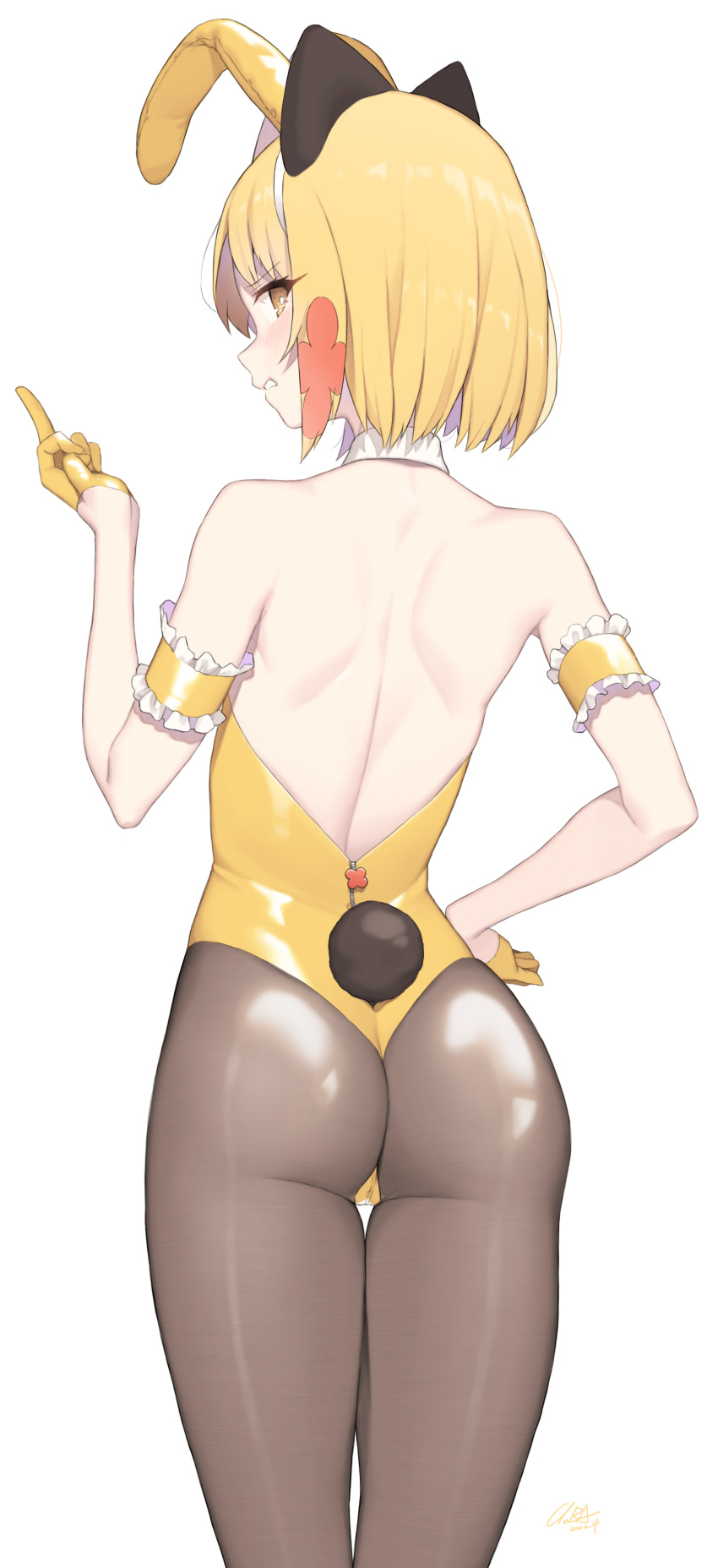 absurdres animal_ears arm_garter ass back backless_leotard bare_shoulders blonde_girl_(cloba) blonde_hair blush bow brown_eyes brown_pantyhose clenched_teeth cloba commentary detached_collar fake_animal_ears female from_behind gloves half_gloves hand_on_own_hip highres leotard looking_at_viewer looking_back median_furrow middle_finger original pantyhose playboy_bunny rabbit_ears rabbit_tail shiny short_hair shoulder_blades signature simple_background solo standing strapless symbol-only_commentary tail teeth thigh_gap white_background wrist_cuffs yellow_eyes yellow_gloves yellow_leotard