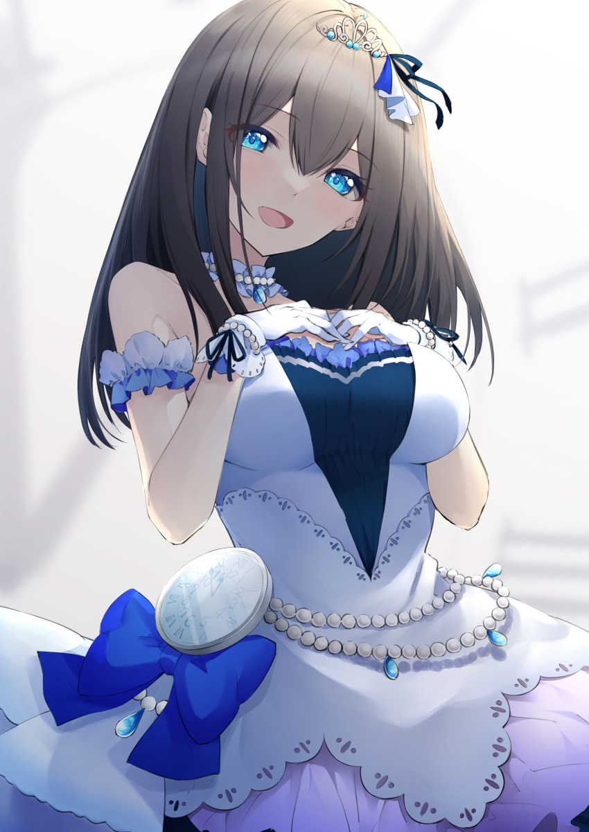 absurdres armband black_hair blurry blurry_background blush breasts choker clock dress female frilled_armband frilled_choker frills gloves hands_on_own_chest head_tilt highres idolmaster idolmaster_cinderella_girls jewelry large_breasts long_hair looking_at_viewer megurumiru necklace pearl_necklace sagisawa_fumika smile solo starry_sky_bright_(idolmaster) strapless strapless_dress tiara white_gloves wrist_cuffs