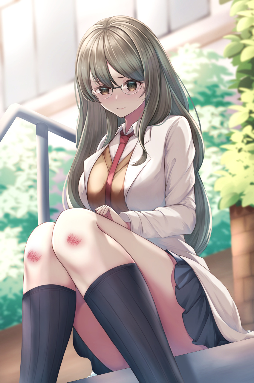 absurdres black_skirt blush breasts brown_eyes brown_hair brown_vest bush commission female futaba_rio glasses highres kazama_ran kneehighs lab_coat large_breasts necktie outside_border pixiv_commission plant railing red_necktie school_uniform scraped_knee seishun_buta_yarou shirt sitting sitting_on_stairs skirt socks solo stairs sweater_vest thighs uniform vest white_shirt