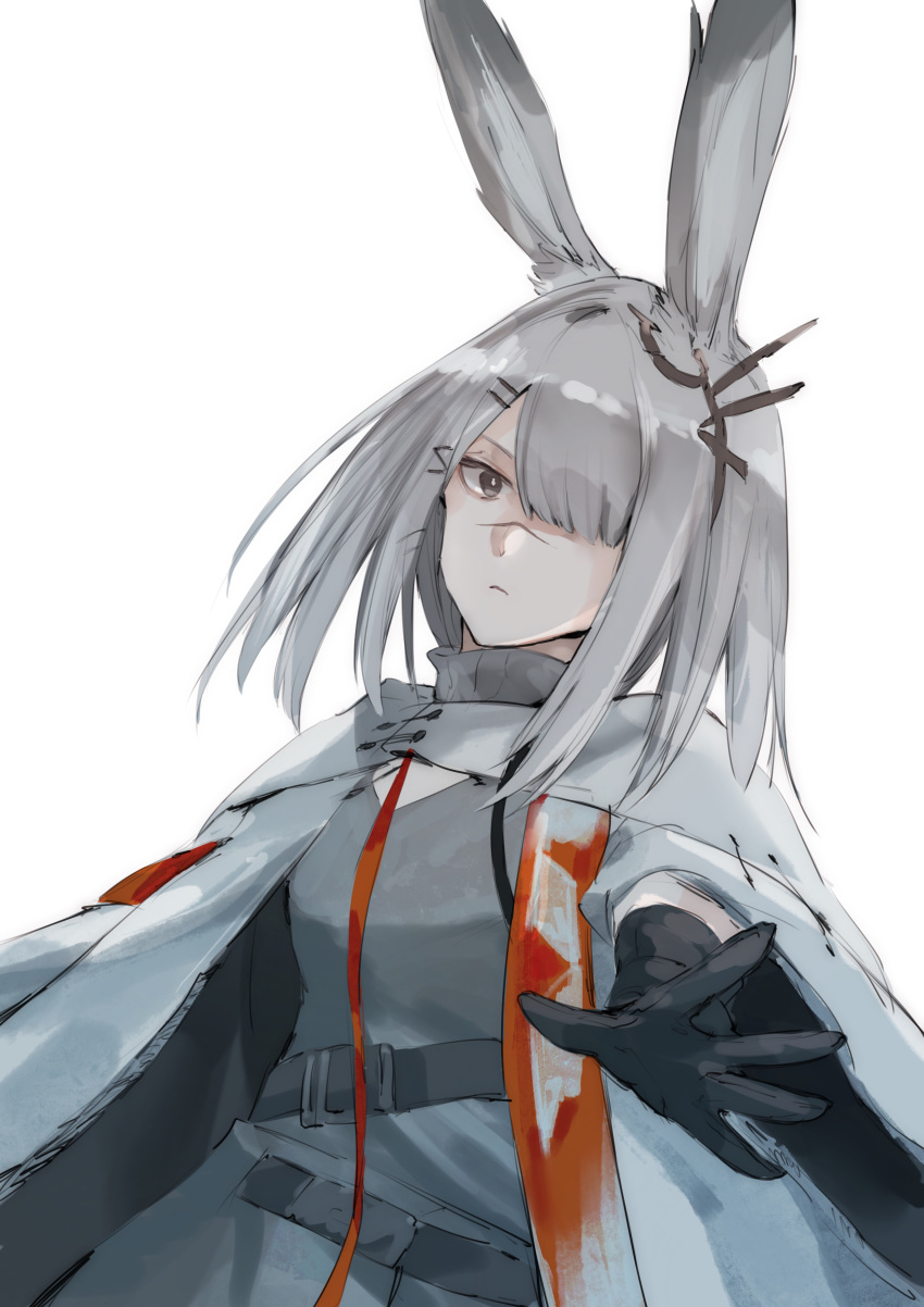 absurdres animal_ear_fluff animal_ears arknights black_gloves closed_mouth commentary_request dress e-bushi female frostnova_(arknights) gloves grey_dress grey_eyes grey_hair hair_ornament hair_over_one_eye hairclip highres jacket looking_at_viewer open_clothes open_jacket outstretched_arm simple_background solo white_background white_jacket