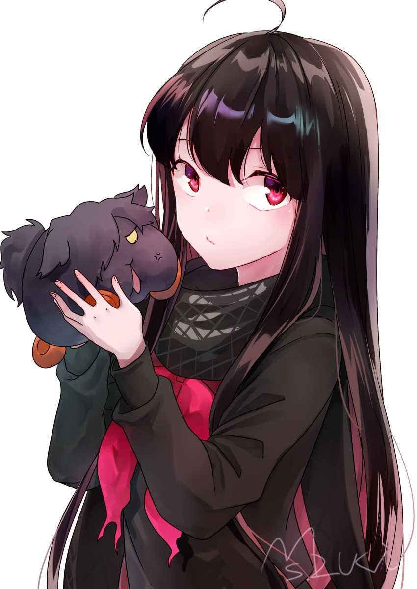 1boy absurdres ahoge animalization artist_name black_eyes black_hair black_scarf black_shirt bow bowtie closed_mouth commentary_request fate/grand_order fate_(series) female frown hair_strand hands_up highres holding_person koha-ace long_hair long_sleeves looking_at_viewer looking_to_the_side okada_izou_(fate) omizu_(mimisyumikan) oryou_(fate) plaid plaid_scarf red_bow red_bowtie scarf shirt sidelocks sideways_glance standing upper_body white_background