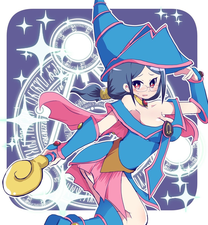 bare_shoulders blue_footwear blue_hat blush breasts choker cleavage cosplay dark_magician_girl dark_magician_girl_(cosplay) female hat highres holding holding_wand hys-d little_witch_academia long_hair looking_at_viewer parted_bangs red_eyes solo tied_hair ursula_charistes wand wizard_hat yu-gi-oh!