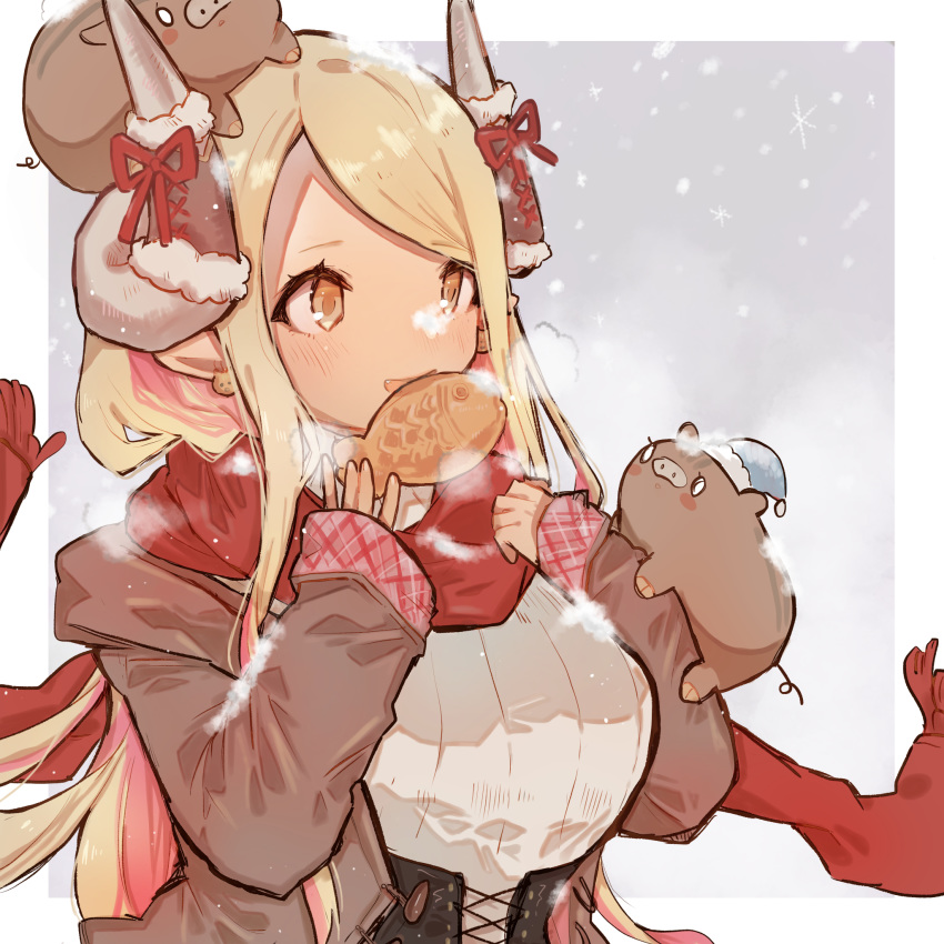 animal_on_head blonde_hair blush_stickers boar breath brown_eyes coat dark-skinned_female dark_skin draph earrings female food granblue_fantasy hat highres horn_ornament horn_ribbon horns jewelry kokemoco kumbhira_(granblue_fantasy) long_hair mouth_hold on_head open_mouth outdoors piglet pink_hair pointy_ears ribbon scarf snowing solo taiyaki wagashi