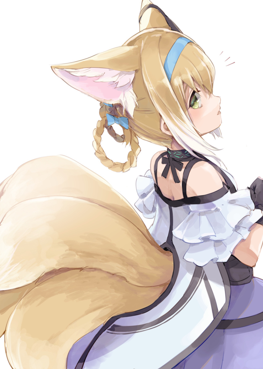 absurdres animal_ear_fluff animal_ears arknights bare_shoulders black_gloves blonde_hair blue_bow blue_hairband bow braid braided_hair_rings commentary_request e-bushi female fox_ears fox_girl fox_tail from_side gloves green_eyes hair_between_eyes hair_rings hairband hairbow highres infection_monitor_(arknights) kitsune multicolored_hair notice_lines off-shoulder_shirt off_shoulder parted_lips profile purple_skirt shirt simple_background skirt solo suzuran_(arknights) tail twin_braids two-tone_hair white_background white_hair white_shirt