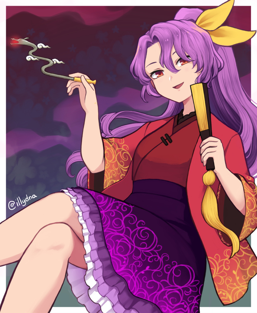 commentary_request crossed_legs female folded_fan folding_fan frilled_skirt frills hand_fan highres holding holding_fan illynda japanese_clothes kimono kiseru komakusa_sannyo long_hair medium_skirt patterned_clothing ponytail purple_hair purple_skirt red_eyes red_kimono ribbon skirt smoking_pipe solo touhou twitter_username wide_sleeves yellow_ribbon