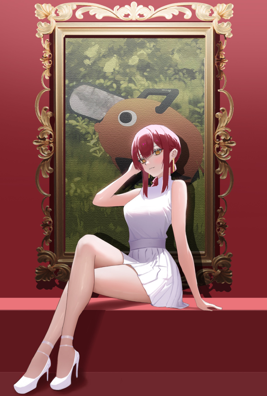 arm_support bare_legs blush breasts chainsaw_man crossed_legs drawing dress female high_heels highres light_smile looking_at_viewer makima_(chainsaw_man) medium_breasts picture_frame pleated_skirt pochita_(chainsaw_man) pupu_(pupu12123) red_hair ringed_eyes shirt sitting skirt sleeveless sleeveless_shirt tennis_skirt white_dress white_footwear white_shirt yellow_eyes