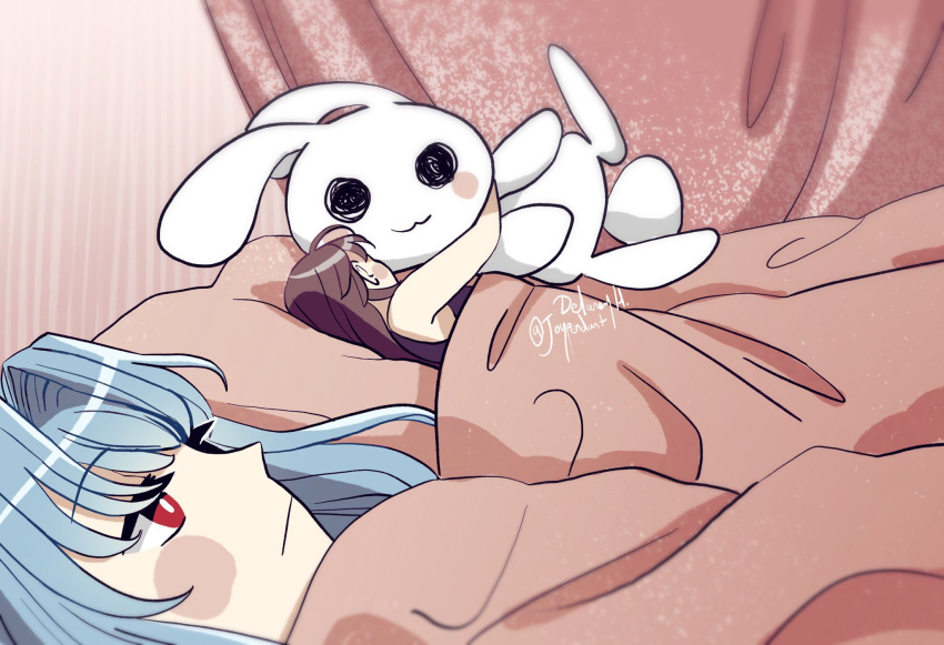 2girls 500_dollar_four_foot_tall_mareep_(meme) bed blanket blue_hair blush_stickers brown_hair bunnie couple highres hugging_object indoors joypendant kos-mos meme multiple_girls red_eyes shion_uzuki signature sleeping stuffed_toy under_covers upper_body xenosaga yuri