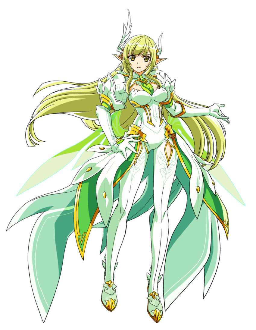 bodysuit breasts cleavage daybreaker_(elsword) elbow_gloves elsword female full_body gloves green_eyes green_hair green_necktie green_wings hand_on_own_hip hand_up highres large_breasts legs light_green_hair long_hair looking_at_viewer necktie official_art pointy_ears rena_erindel simple_background skin_tight smile solo thigh_gap weapon white_background white_bodysuit white_gloves wings