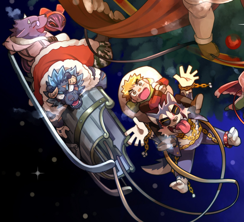 4boys :p animal_ears bathym_(housamo) blonde_hair blush breath chains christmas cow_boy dog_boy dog_ears dog_tail floating full_body garmr_(housamo) highres ikusaba_daisuke multiple_boys ooki_ikutoshi open_mouth pollux_(housamo) santa_costume snow sumi_wo_hakuneko tail taurus_mask tokyo_afterschool_summoners tongue tongue_out