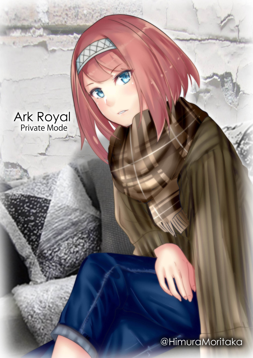 absurdres alternate_costume ark_royal_(kancolle) blue_eyes blue_pants bob_cut brown_shirt casual character_name commentary_request female hairband highres himura_moritaka inverted_bob kantai_collection looking_at_viewer pants plaid plaid_scarf red_hair scarf shirt short_hair sitting solo twitter_username