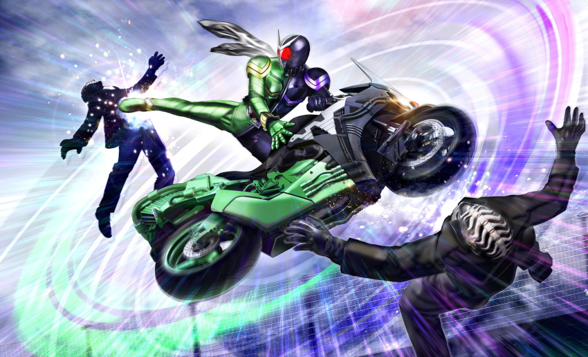 3boys absurdres armor battle black_armor black_gloves commentary_request double_driver driver_(kamen_rider) gloves green_armor hardboilder henchmen highres kamen_rider kamen_rider_double kamen_rider_w male_focus mask masquerade_dopant masukudo_(hamamoto_hikaru) midair motor_vehicle motorcycle multiple_boys red_eyes rider_belt scarf tokusatsu white_scarf