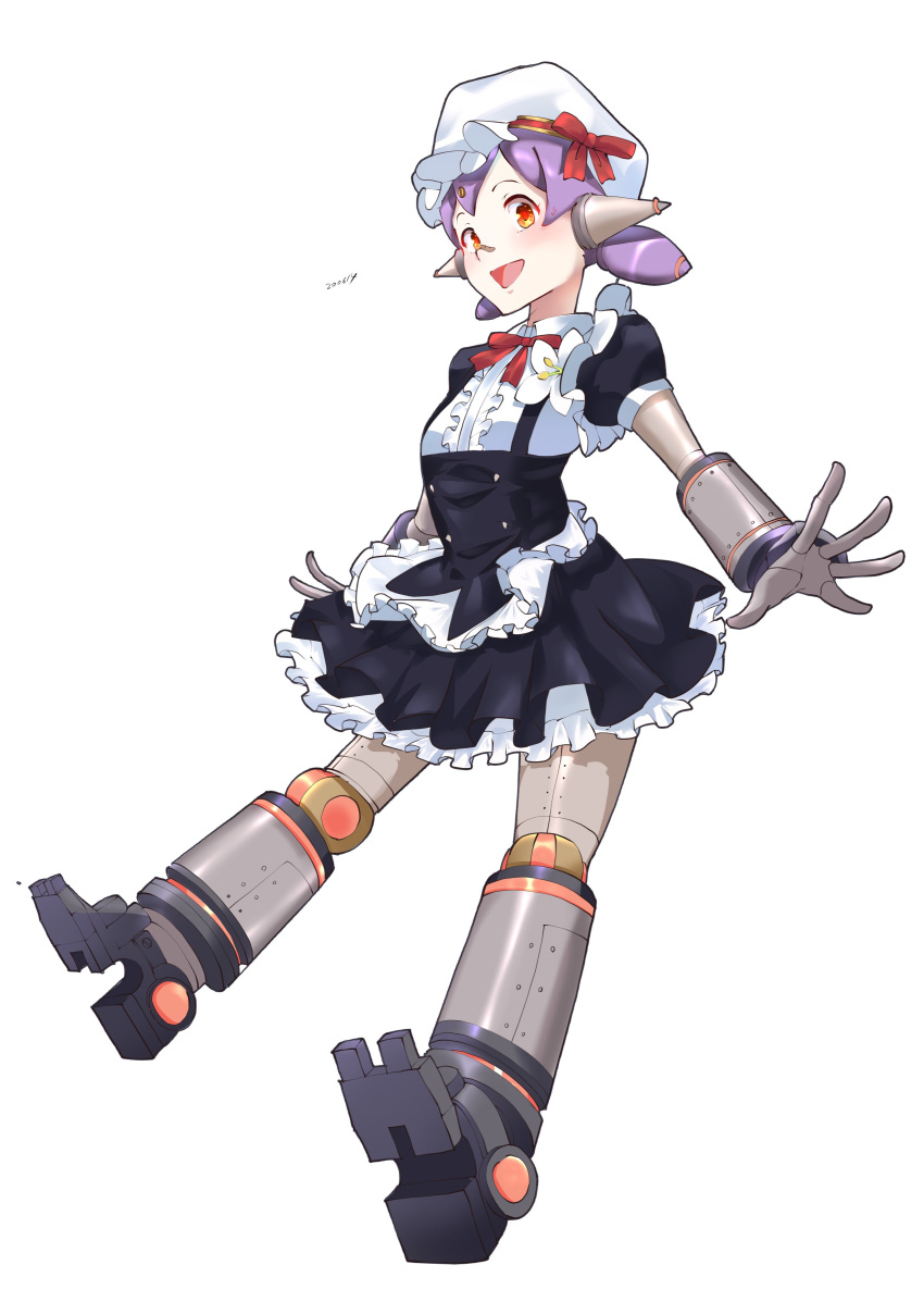 :d absurdres alternate_costume android enmaided female full_body hat highres joints maid open_mouth poppi_(xenoblade) poppi_alpha_(xenoblade) purple_hair risumi_(taka-fallcherryblossom) robot_joints short_hair simple_background smile solo twintails white_background xenoblade_chronicles_(series) xenoblade_chronicles_2