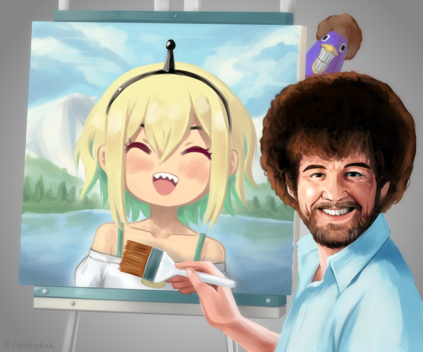 1boy :d ^_^ afro amano_pikamee animal bare_shoulders beard bird black_hairband blonde_hair blue_shirt bob_ross brown_hair closed_eyes collarbone collared_shirt commentary crossover easel english_commentary facial_hair green_hair grey_background grin gyari_(bird) hair_between_eyes hairband highres holding holding_paintbrush moustache multicolored_hair off-shoulder_shirt off_shoulder open_mouth paintbrush painting_(object) ramiigotcha real_life realistic sharp_teeth shirt smile solo_focus teeth the_joy_of_painting twitter_username two-tone_hair virtual_youtuber voms white_shirt