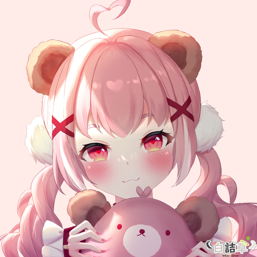 :3 ahoge animal_ears artist_name bear_ears blush closed_mouth commentary_request copyright_request gradient_background heart heart-shaped_pupils heart_ahoge highres holding holding_stuffed_toy long_hair looking_at_viewer low_twintails nail_polish pink_background pink_nails red_eyes solo stuffed_animal stuffed_toy symbol-shaped_pupils teddy_bear thick_eyebrows twintails upper_body virtual_youtuber white_clover_(unfy8472)